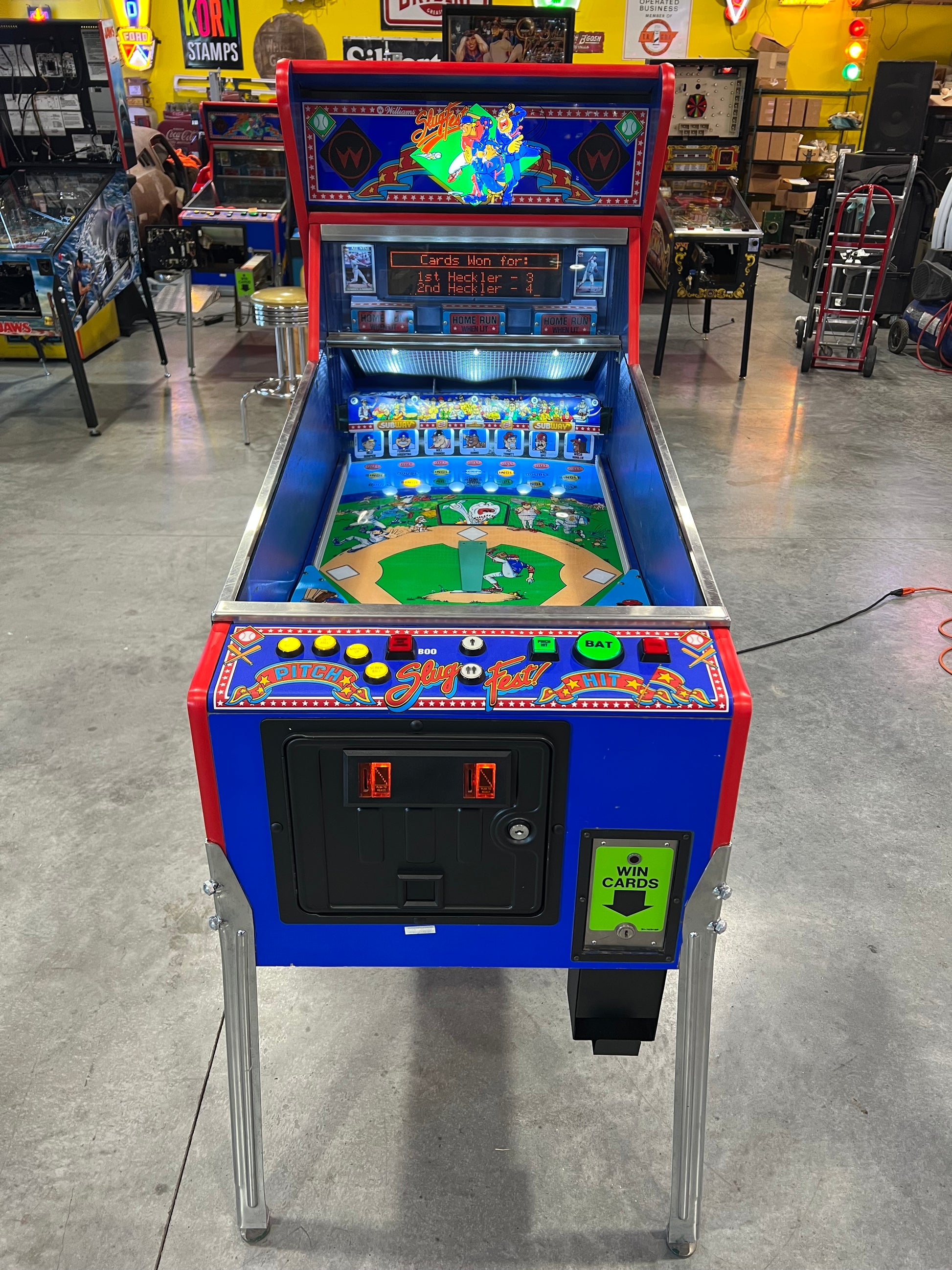 Slugfest 1991 Pitch and Bat Williams Pinball Machine - WORKS 100% - Nice Game DISPENSES BASEBALL CARDS!!! Card Shop Ready!