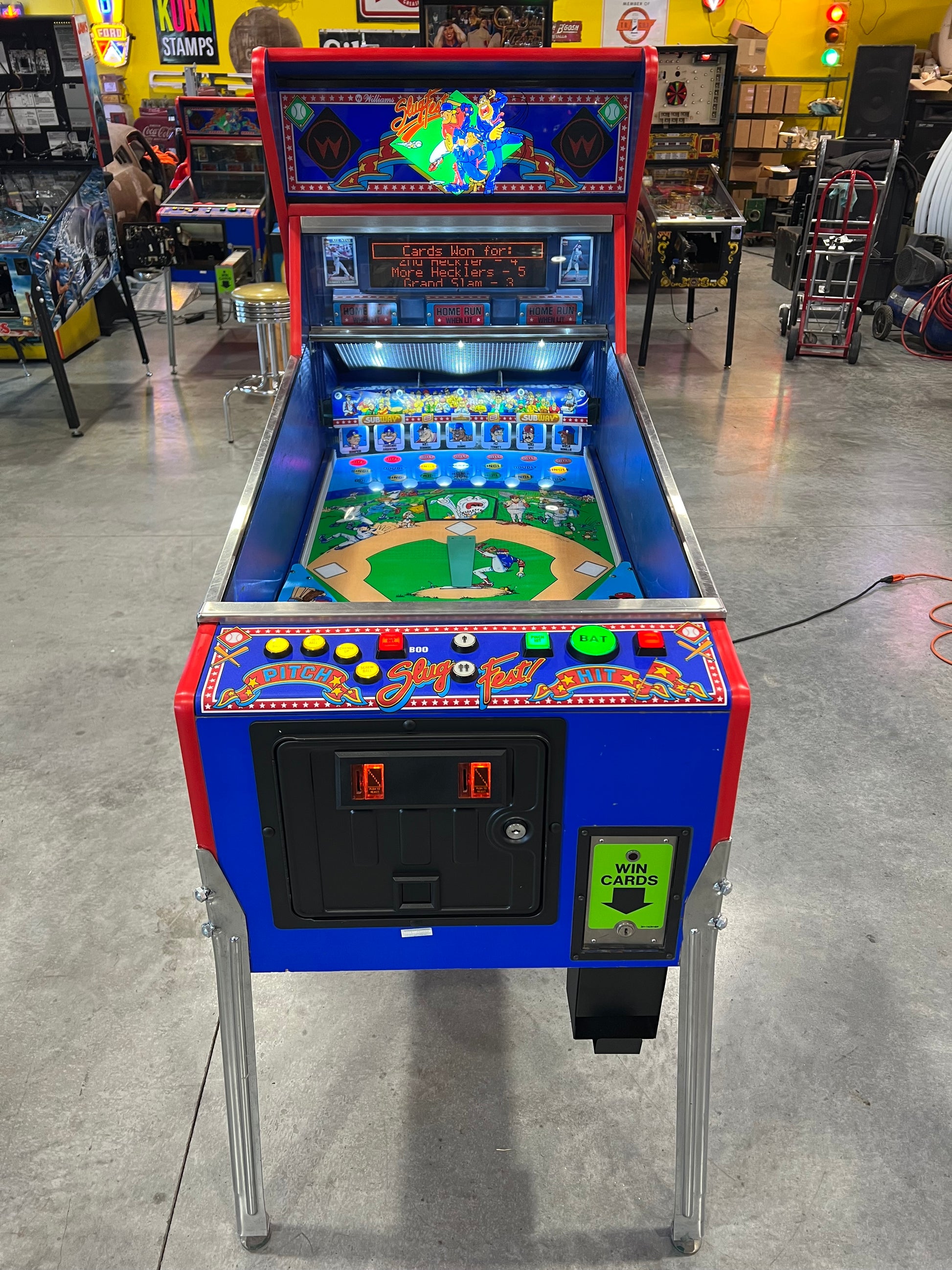 Slugfest 1991 Pitch and Bat Williams Pinball Machine - WORKS 100% - Nice Game DISPENSES BASEBALL CARDS!!! Card Shop Ready!