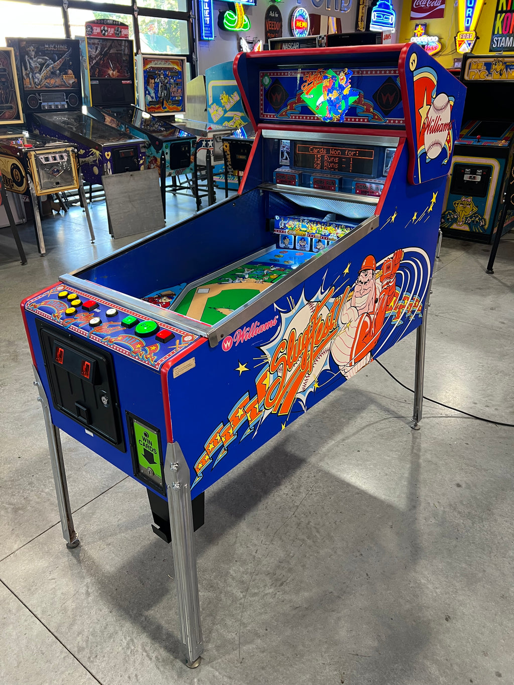 Slugfest 1991 Pitch and Bat Williams Pinball Machine - WORKS 100% - Nice Game DISPENSES BASEBALL CARDS!!! Card Shop Ready!