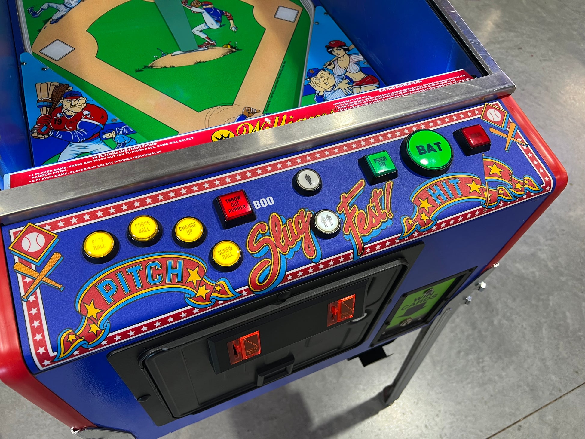Slugfest 1991 Pitch and Bat Williams Pinball Machine - WORKS 100% - Nice Game DISPENSES BASEBALL CARDS!!! Card Shop Ready!