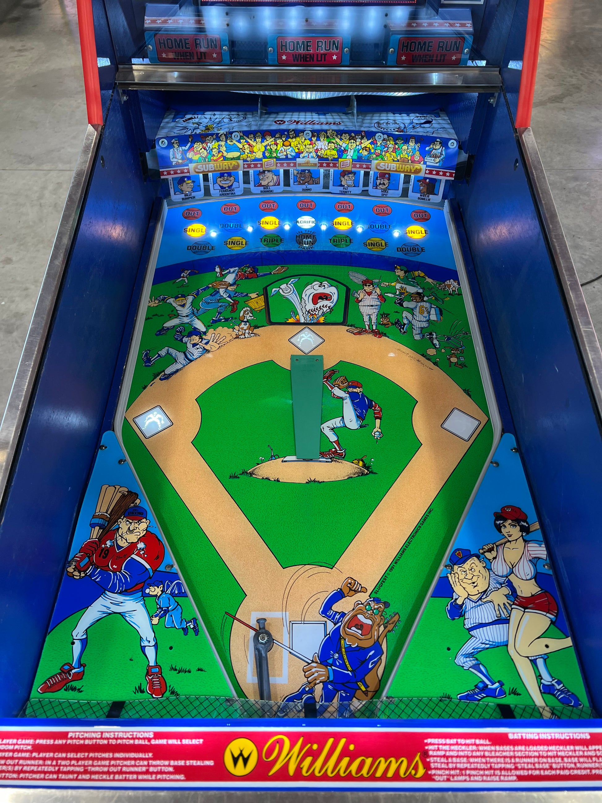 Slugfest 1991 Pitch and Bat Williams Pinball Machine - WORKS 100% - Nice Game DISPENSES BASEBALL CARDS!!! Card Shop Ready!