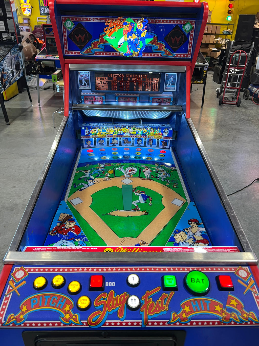 Slugfest 1991 Pitch and Bat Williams Pinball Machine - WORKS 100% - Nice Game DISPENSES BASEBALL CARDS!!! Card Shop Ready!