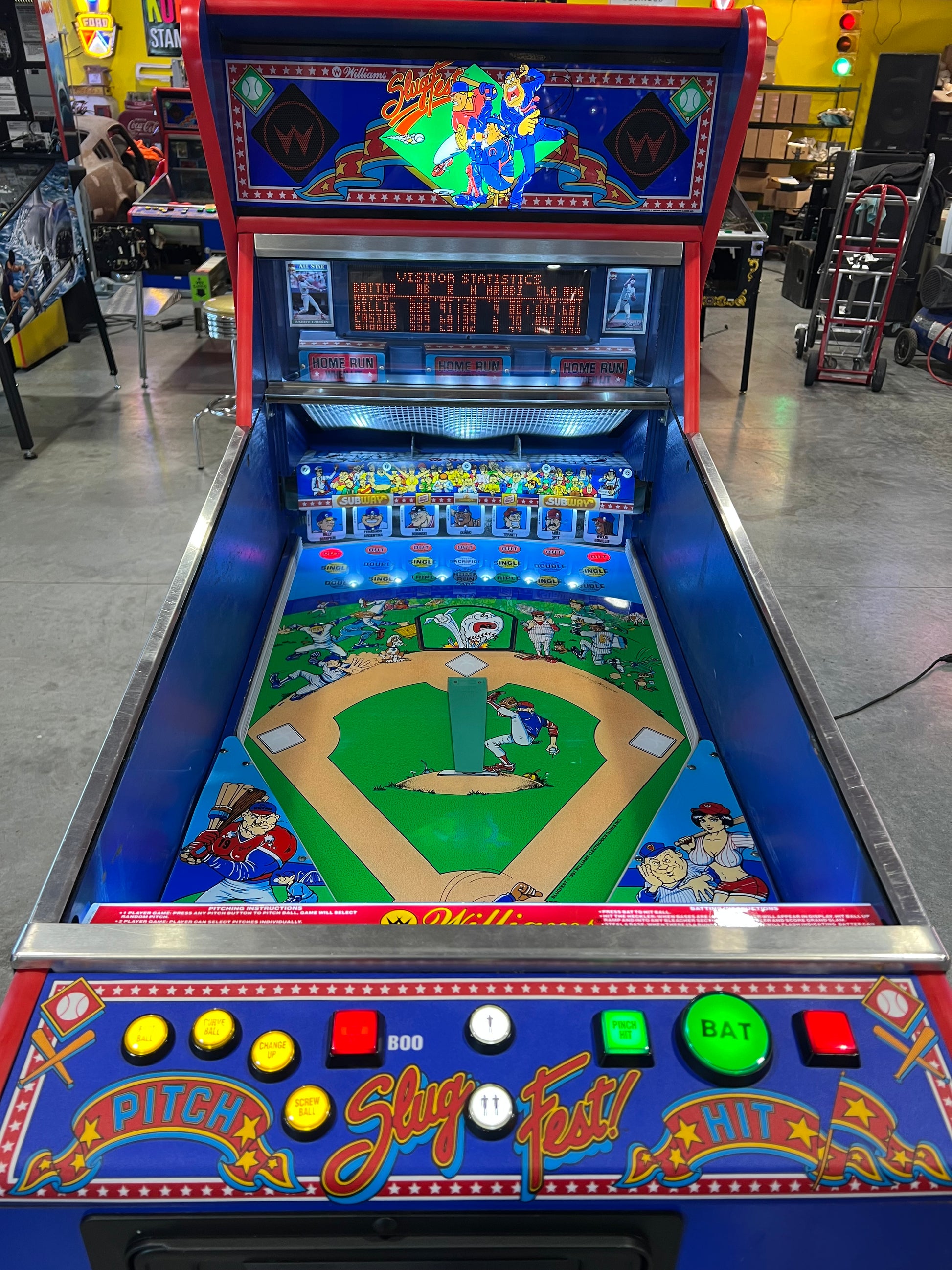 Slugfest 1991 Pitch and Bat Williams Pinball Machine - WORKS 100% - Nice Game DISPENSES BASEBALL CARDS!!! Card Shop Ready!