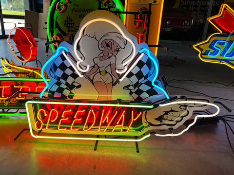 RACING GIRL CHECKERED FLAG SPEEDWAY NEON SIGN - Ready for Your Garage, Game Room or Man Cave!! REAL NEON!