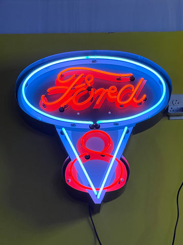 FORD V8 DEALER STYLE NEON CAN SIGN - Ready for Your Garage, Game Room or Man Cave!! REAL NEON!