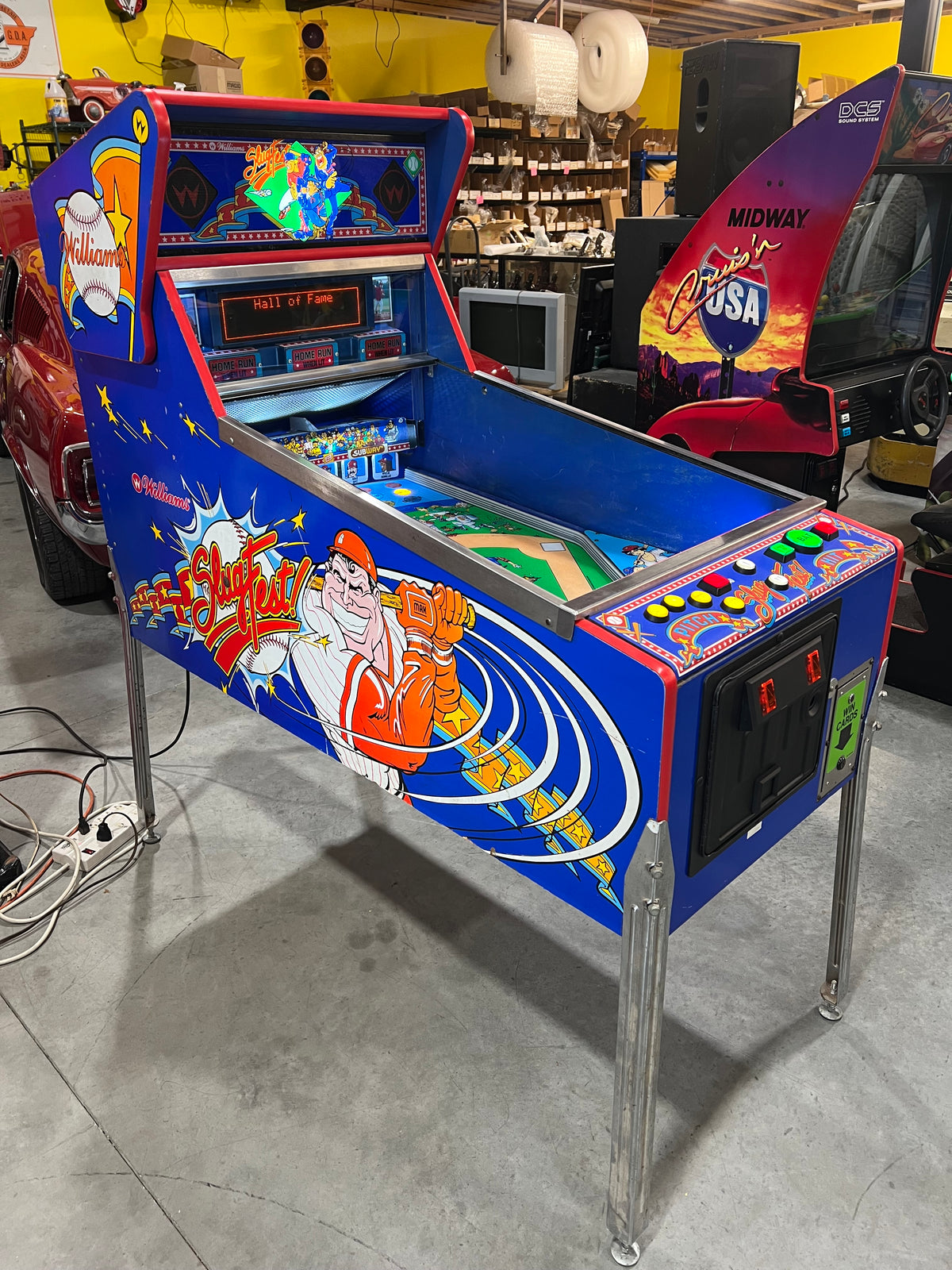 Slugfest 1991 Pitch and Bat Williams Pinball Machine - WORKS 100% - Nice Game DISPENSES BASEBALL CARDS!!! Card Shop Ready!