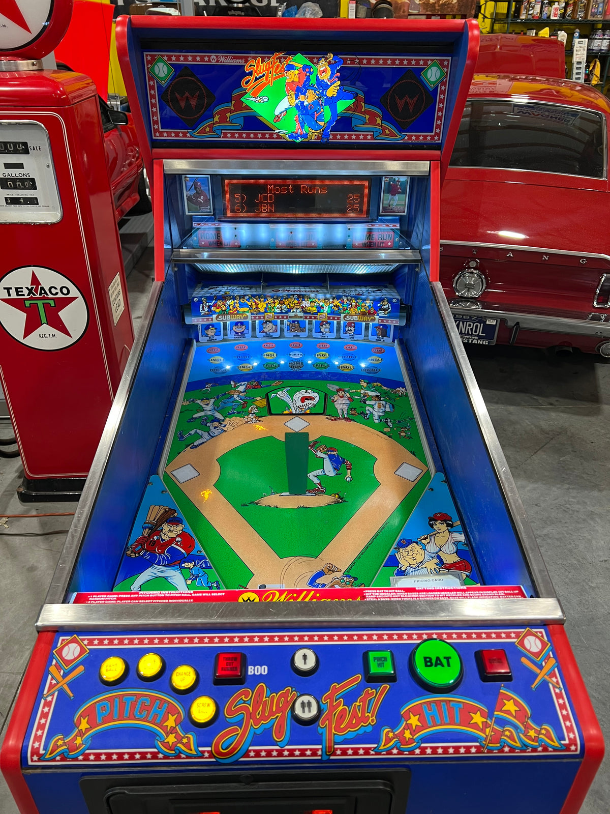 Slugfest 1991 Pitch and Bat Williams Pinball Machine - WORKS 100% - Nice Game DISPENSES BASEBALL CARDS!!! Card Shop Ready!