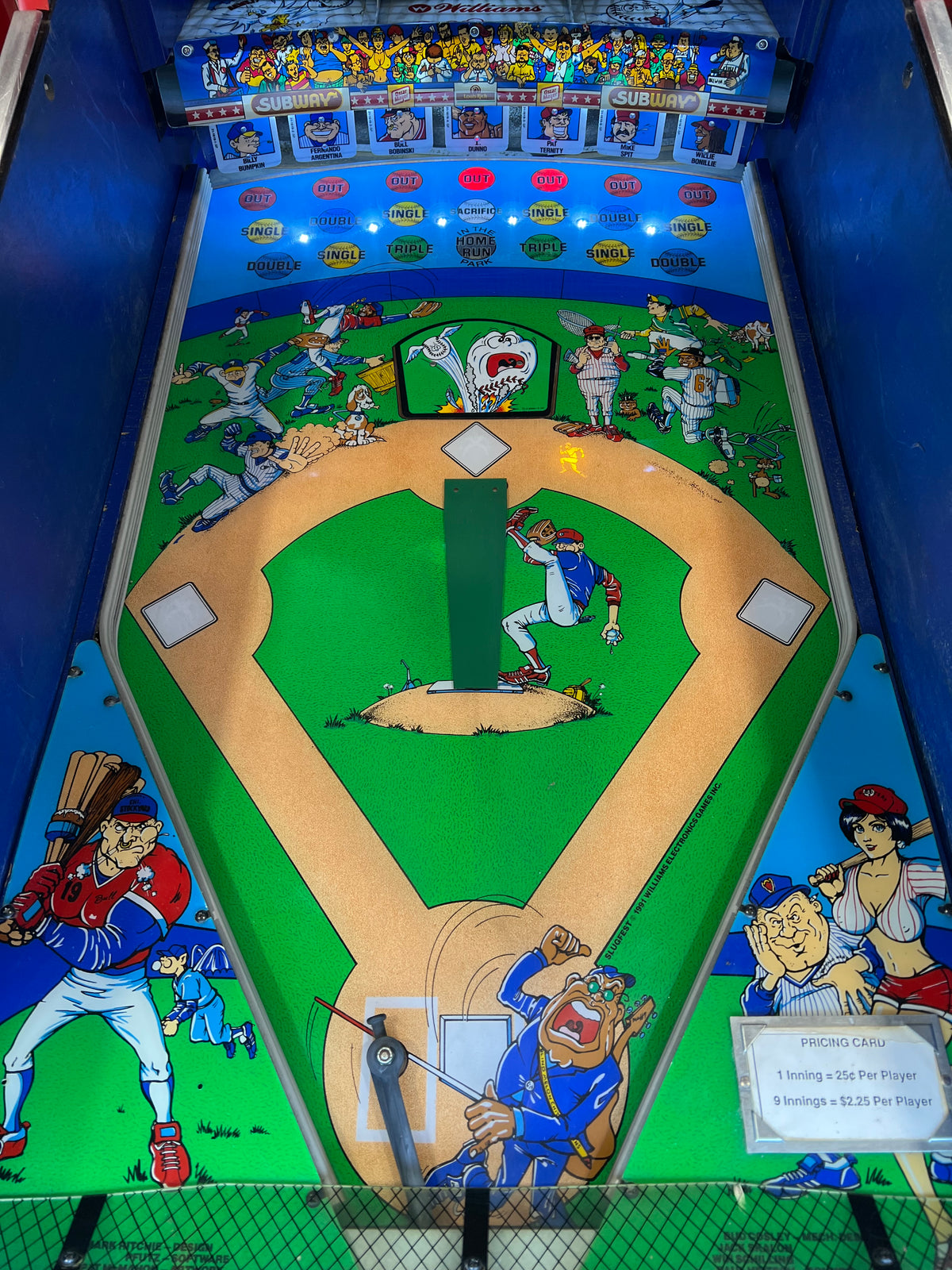 Slugfest 1991 Pitch and Bat Williams Pinball Machine - WORKS 100% - Nice Game DISPENSES BASEBALL CARDS!!! Card Shop Ready!