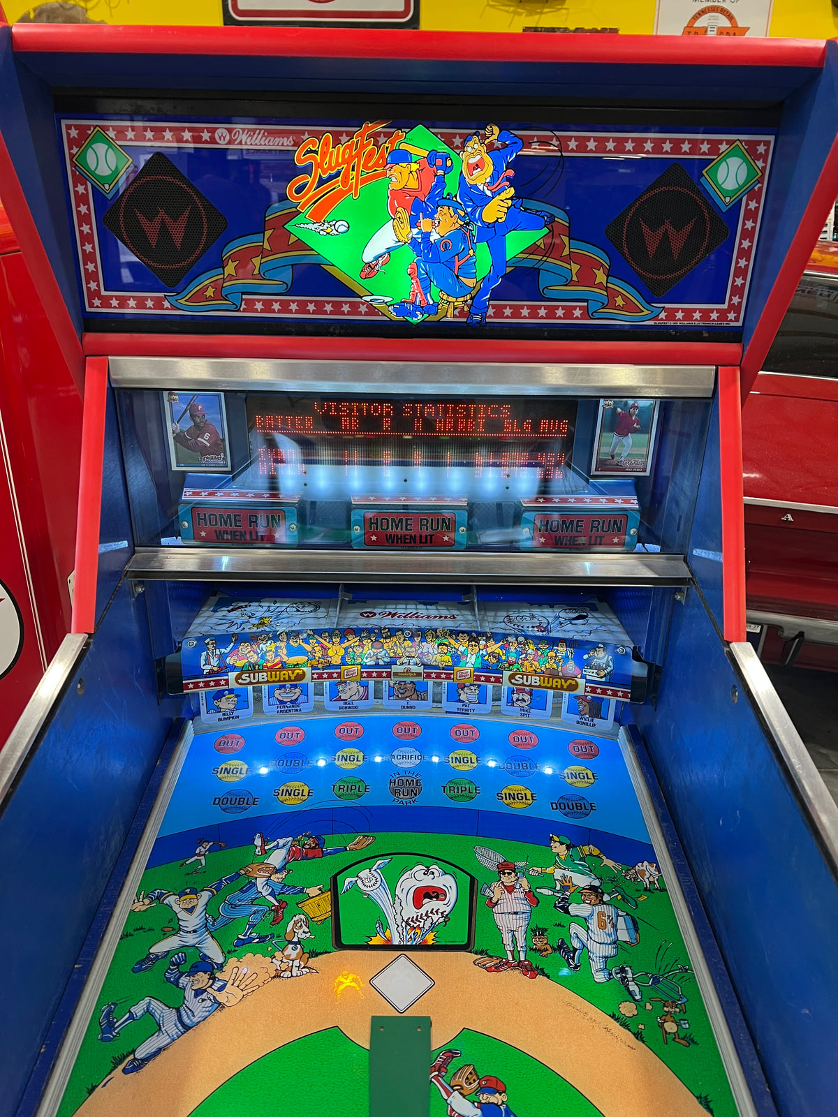 Slugfest 1991 Pitch and Bat Williams Pinball Machine - WORKS 100% - Nice Game DISPENSES BASEBALL CARDS!!! Card Shop Ready!