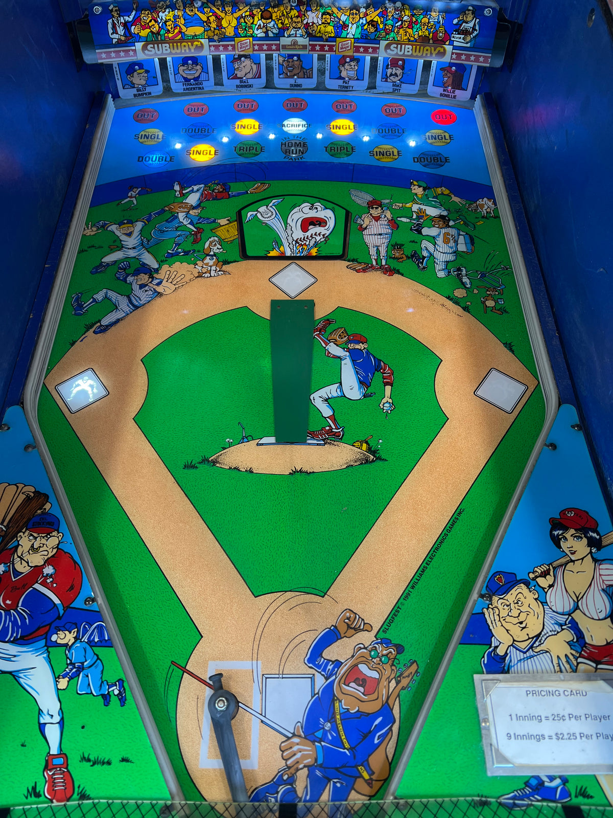 Slugfest 1991 Pitch and Bat Williams Pinball Machine - WORKS 100% - Nice Game DISPENSES BASEBALL CARDS!!! Card Shop Ready!