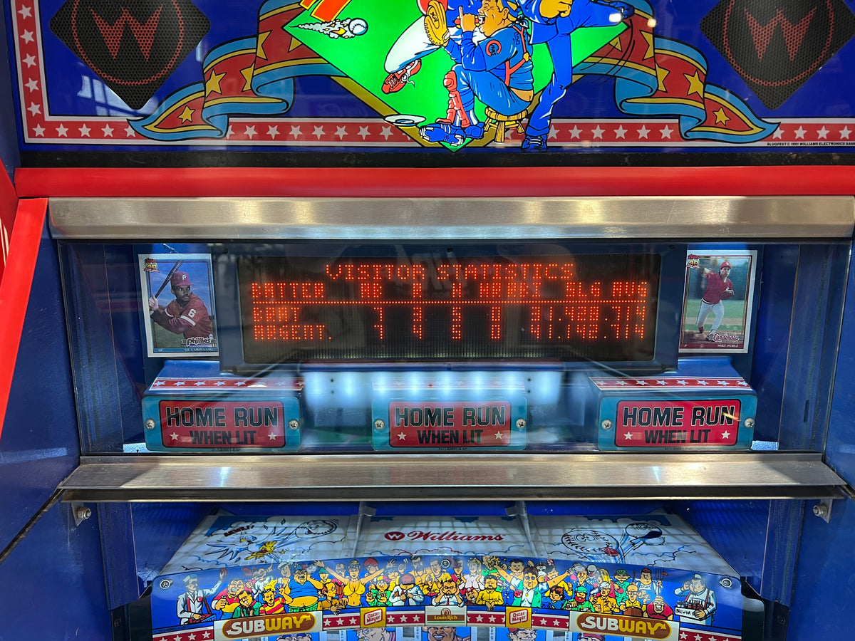 Slugfest 1991 Pitch and Bat Williams Pinball Machine - WORKS 100% - Nice Game DISPENSES BASEBALL CARDS!!! Card Shop Ready!