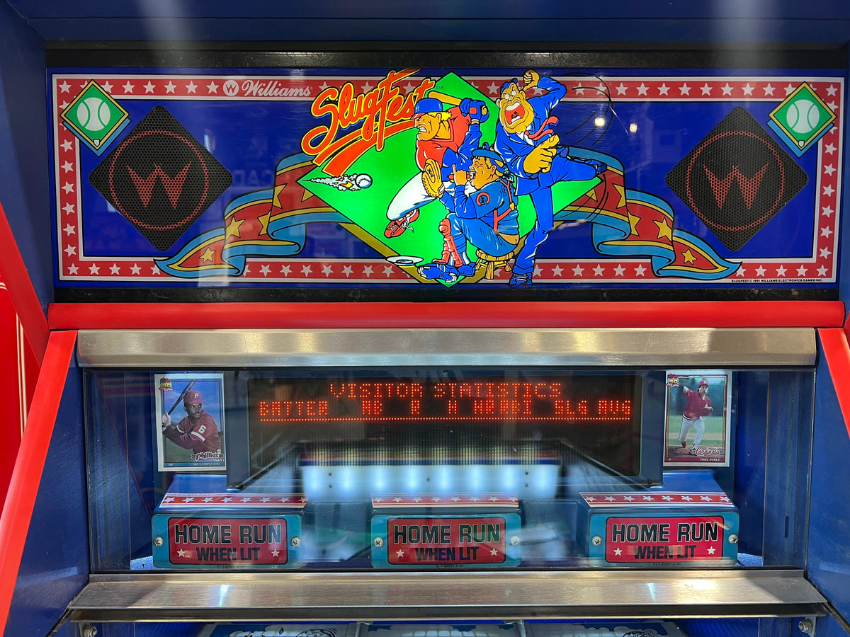 Slugfest 1991 Pitch and Bat Williams Pinball Machine - WORKS 100% - Nice Game DISPENSES BASEBALL CARDS!!! Card Shop Ready!