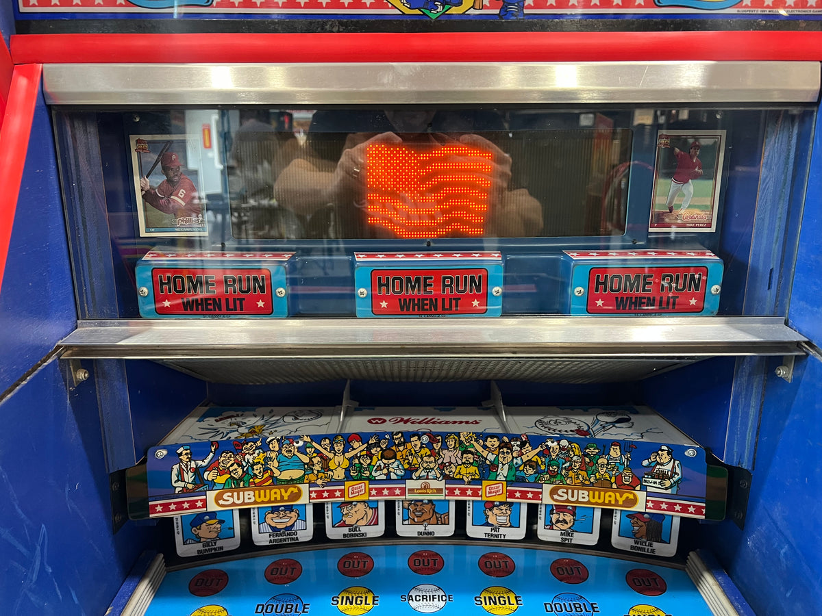 Slugfest 1991 Pitch and Bat Williams Pinball Machine - WORKS 100% - Nice Game DISPENSES BASEBALL CARDS!!! Card Shop Ready!