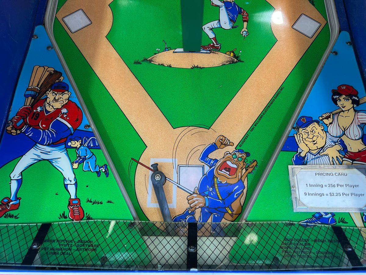 Slugfest 1991 Pitch and Bat Williams Pinball Machine - WORKS 100% - Nice Game DISPENSES BASEBALL CARDS!!! Card Shop Ready!