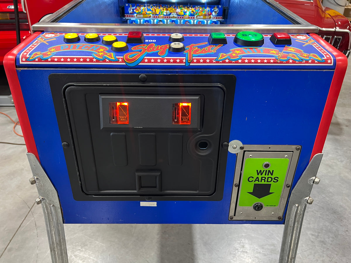 Slugfest 1991 Pitch and Bat Williams Pinball Machine - WORKS 100% - Nice Game DISPENSES BASEBALL CARDS!!! Card Shop Ready!