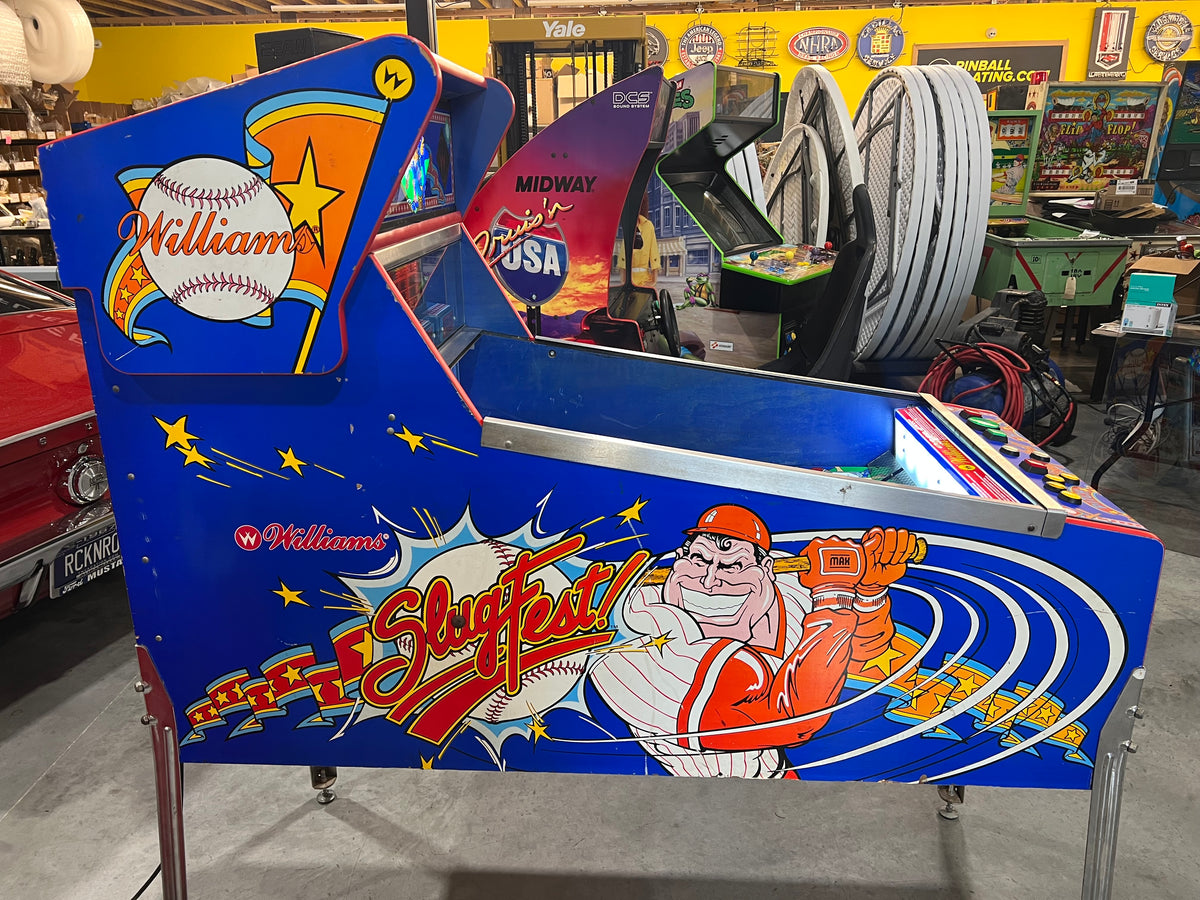 Slugfest 1991 Pitch and Bat Williams Pinball Machine - WORKS 100% - Nice Game DISPENSES BASEBALL CARDS!!! Card Shop Ready!