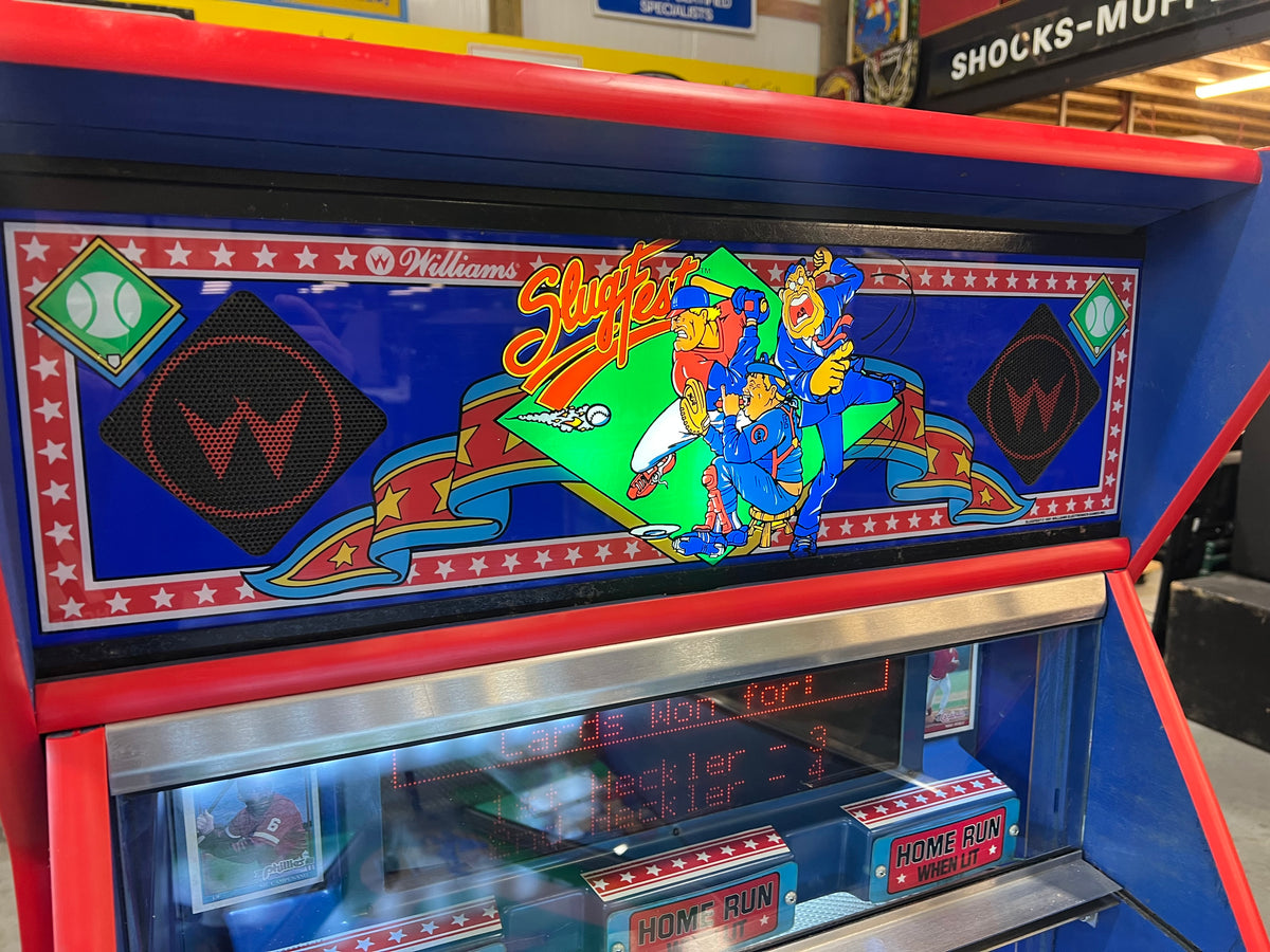 Slugfest 1991 Pitch and Bat Williams Pinball Machine - WORKS 100% - Nice Game DISPENSES BASEBALL CARDS!!! Card Shop Ready!