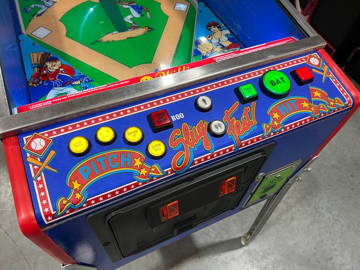 Slugfest 1991 Pitch and Bat Williams Pinball Machine - WORKS 100% - Nice Game DISPENSES BASEBALL CARDS!!! Card Shop Ready!