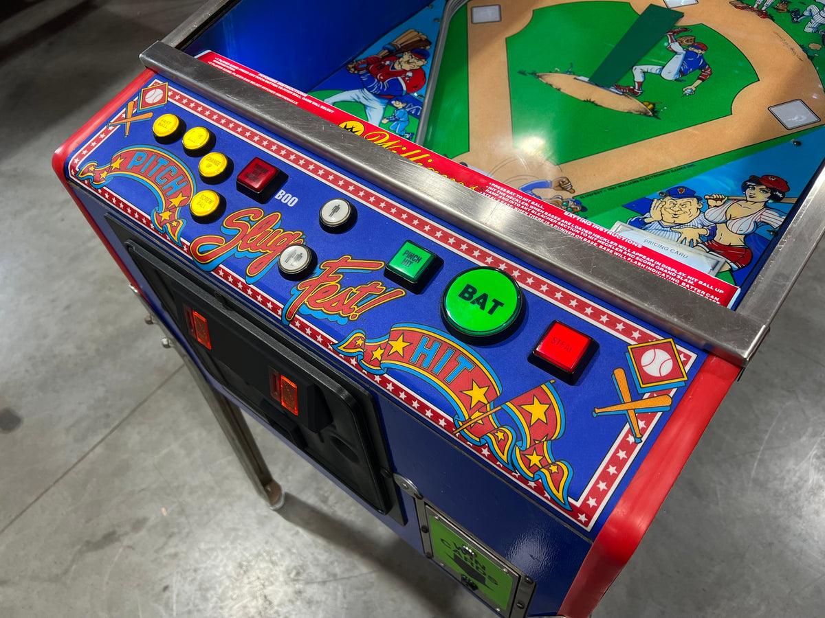 Slugfest 1991 Pitch and Bat Williams Pinball Machine - WORKS 100% - Nice Game DISPENSES BASEBALL CARDS!!! Card Shop Ready!