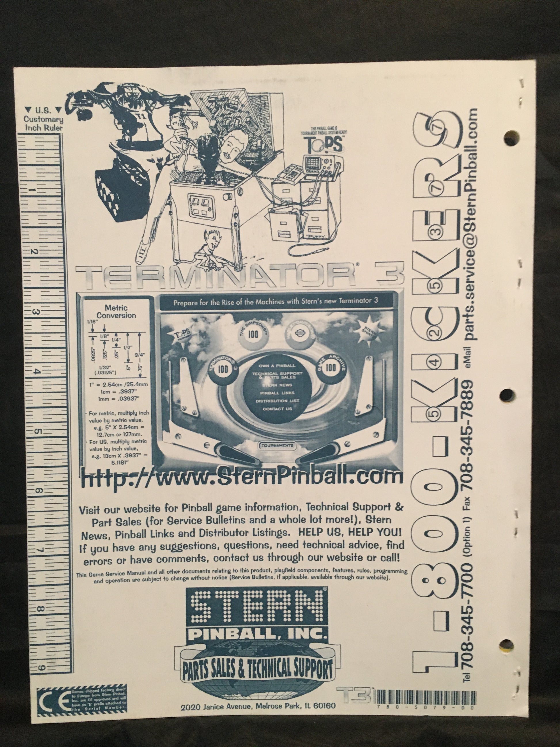 Terminator 3- Stern - Pinball Operations & Schematics Manual - Diagrams Wiring - Used
