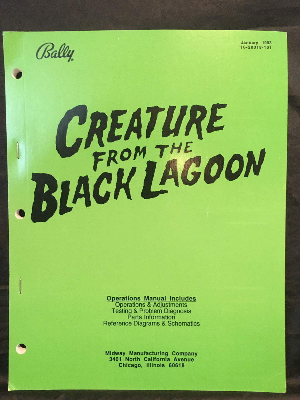 Creature from the Black Lagoon - Bally - Pinball Operations Manual - Diagrams - Instructions -Used Copy