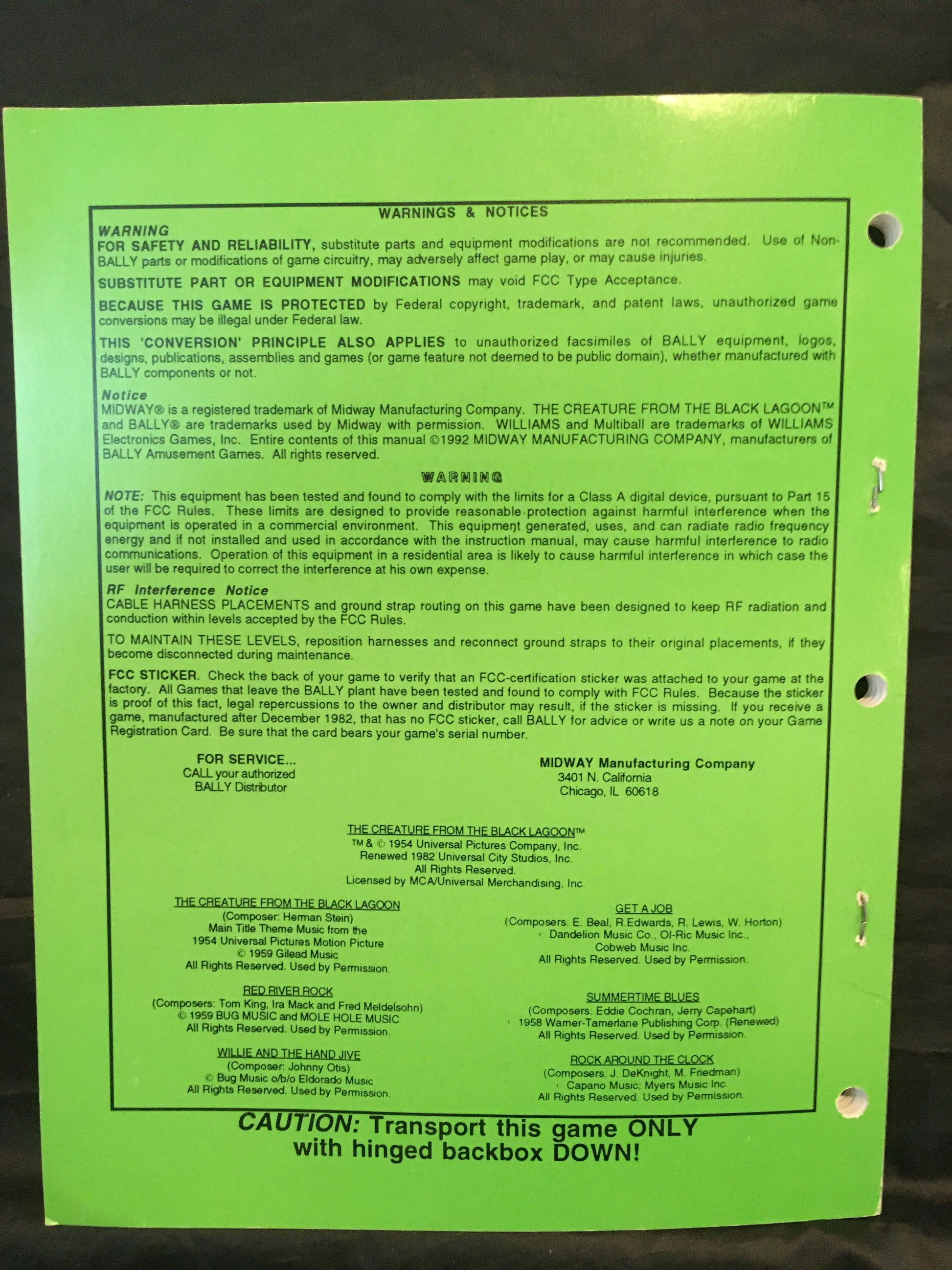 Creature from the Black Lagoon - Bally - Pinball Operations Manual - Diagrams - Instructions -Used Copy