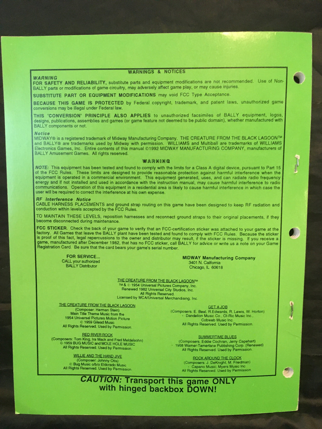 Creature from the Black Lagoon - Bally - Pinball Operations Manual - Diagrams - Instructions -Used Copy