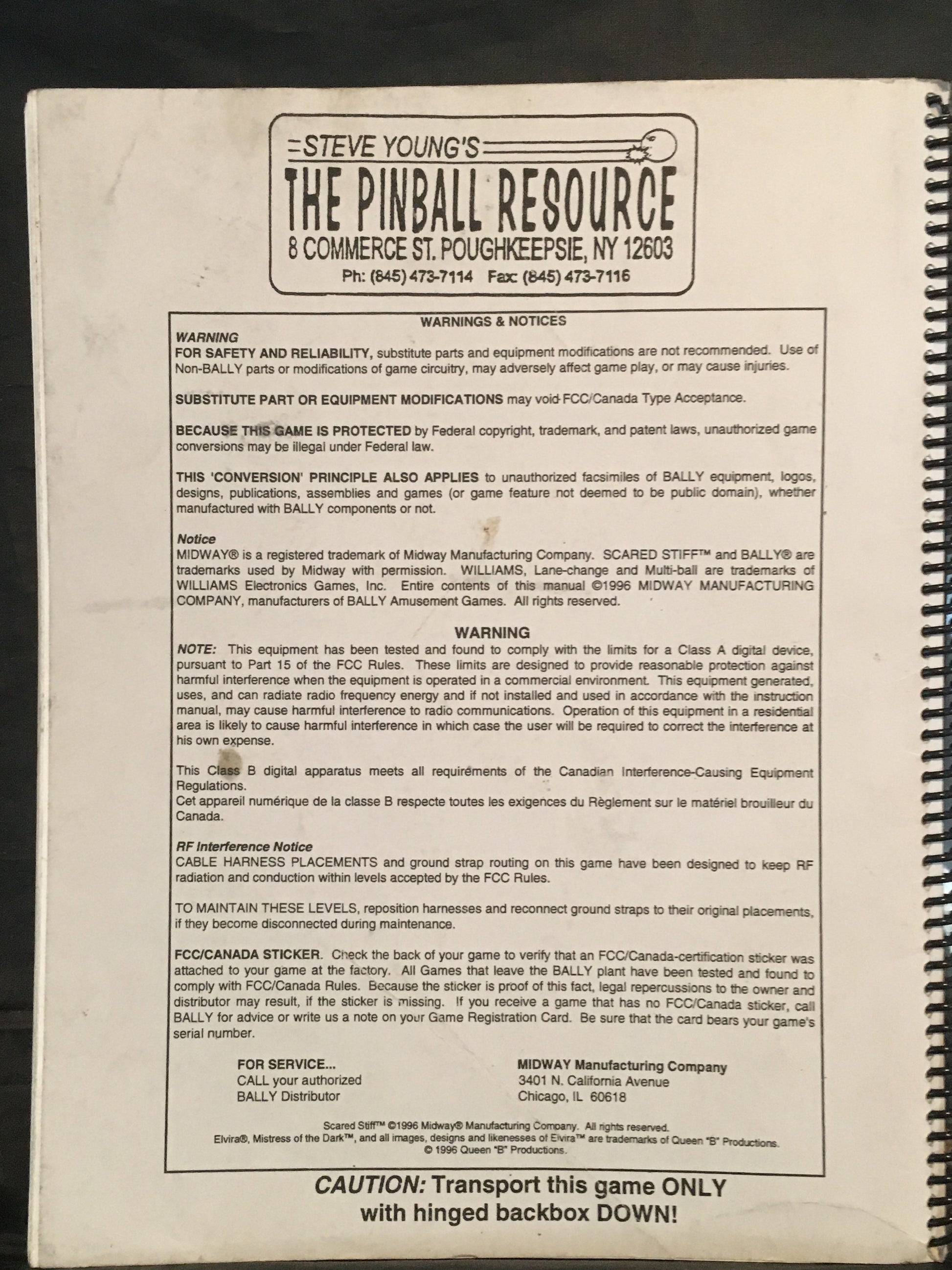 Scared Stiff - Bally - Pinball Operations and Instructions Manual- Diagrams Instructions - Used Copy