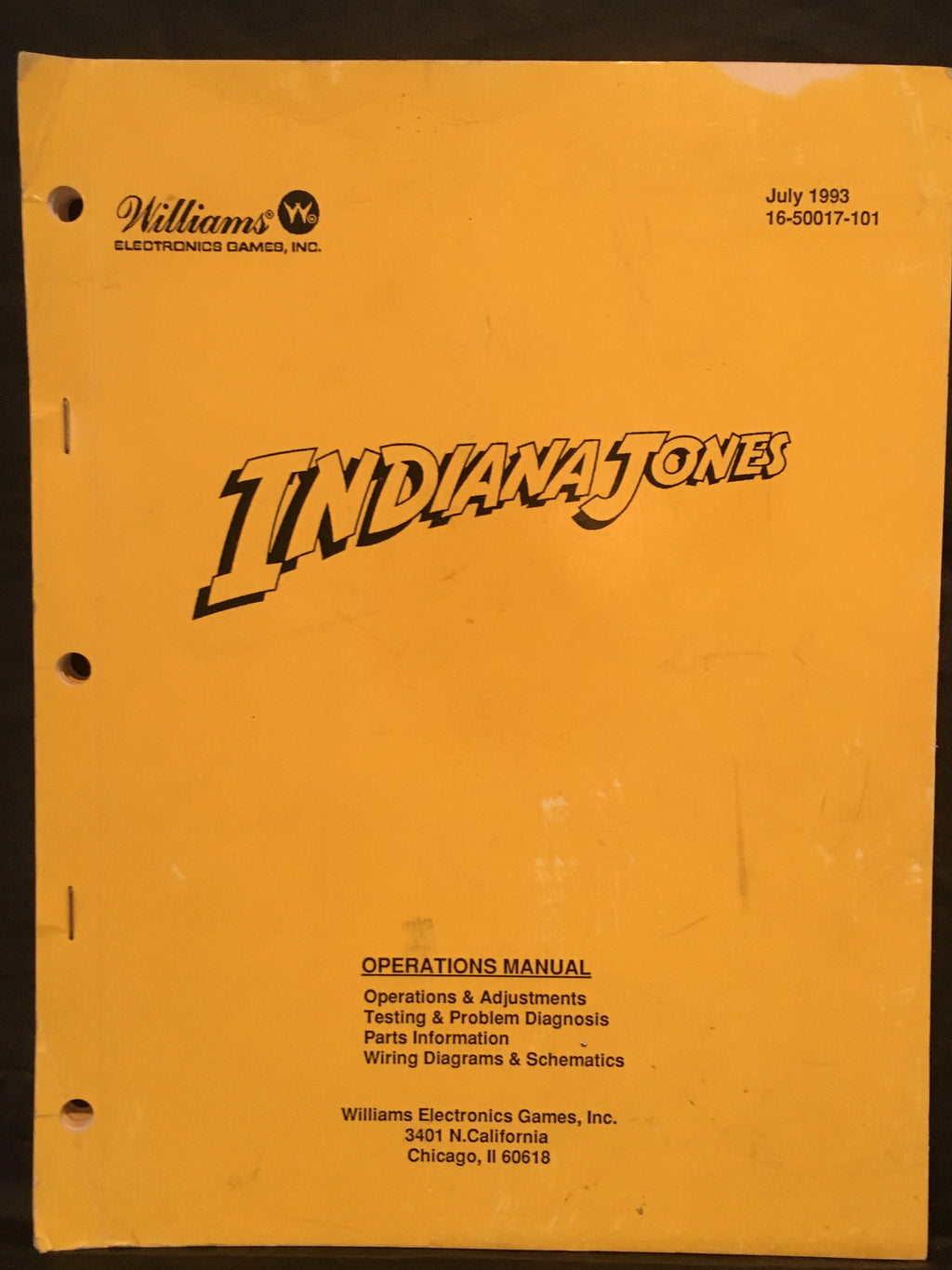 Indiana Jones - Williams - Pinball Operations Manual  - Diagrams Instructions - Used