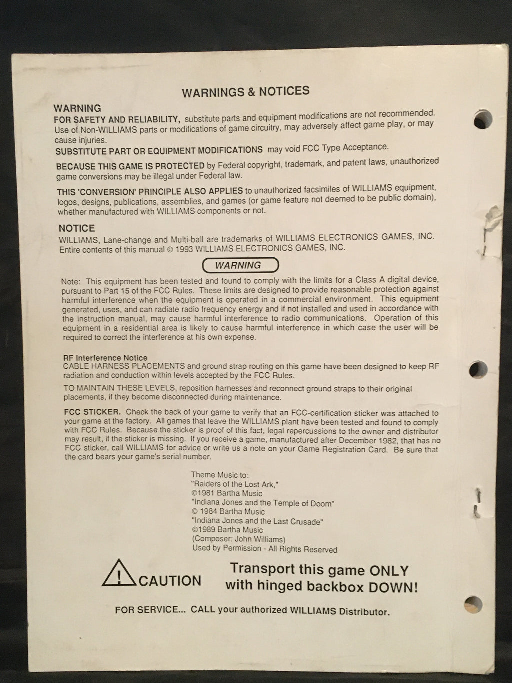 Indiana Jones - Williams - Pinball Operations Manual  - Diagrams Instructions - Used