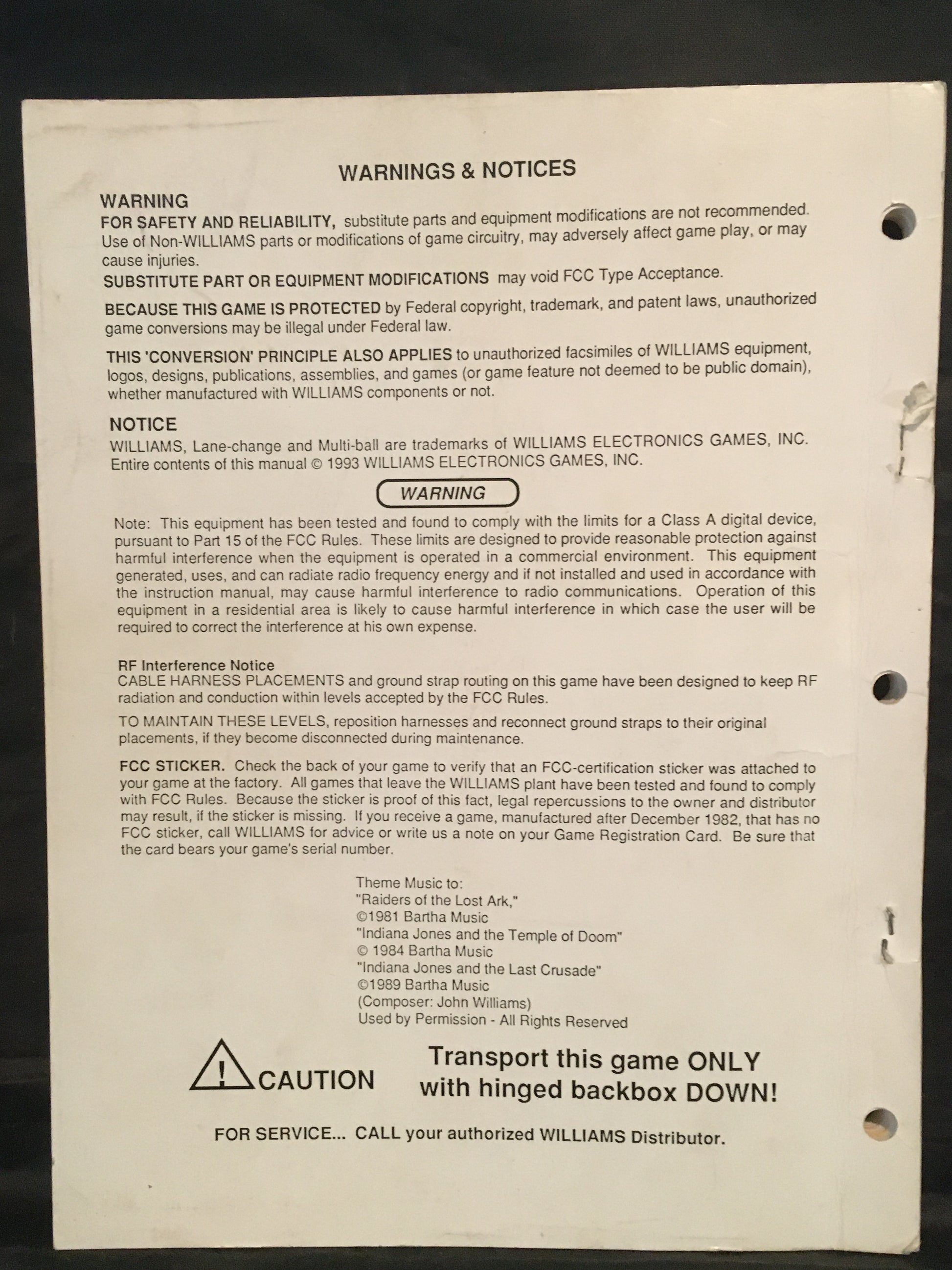 Indiana Jones - Williams - Pinball Operations Manual  - Diagrams Instructions - Used