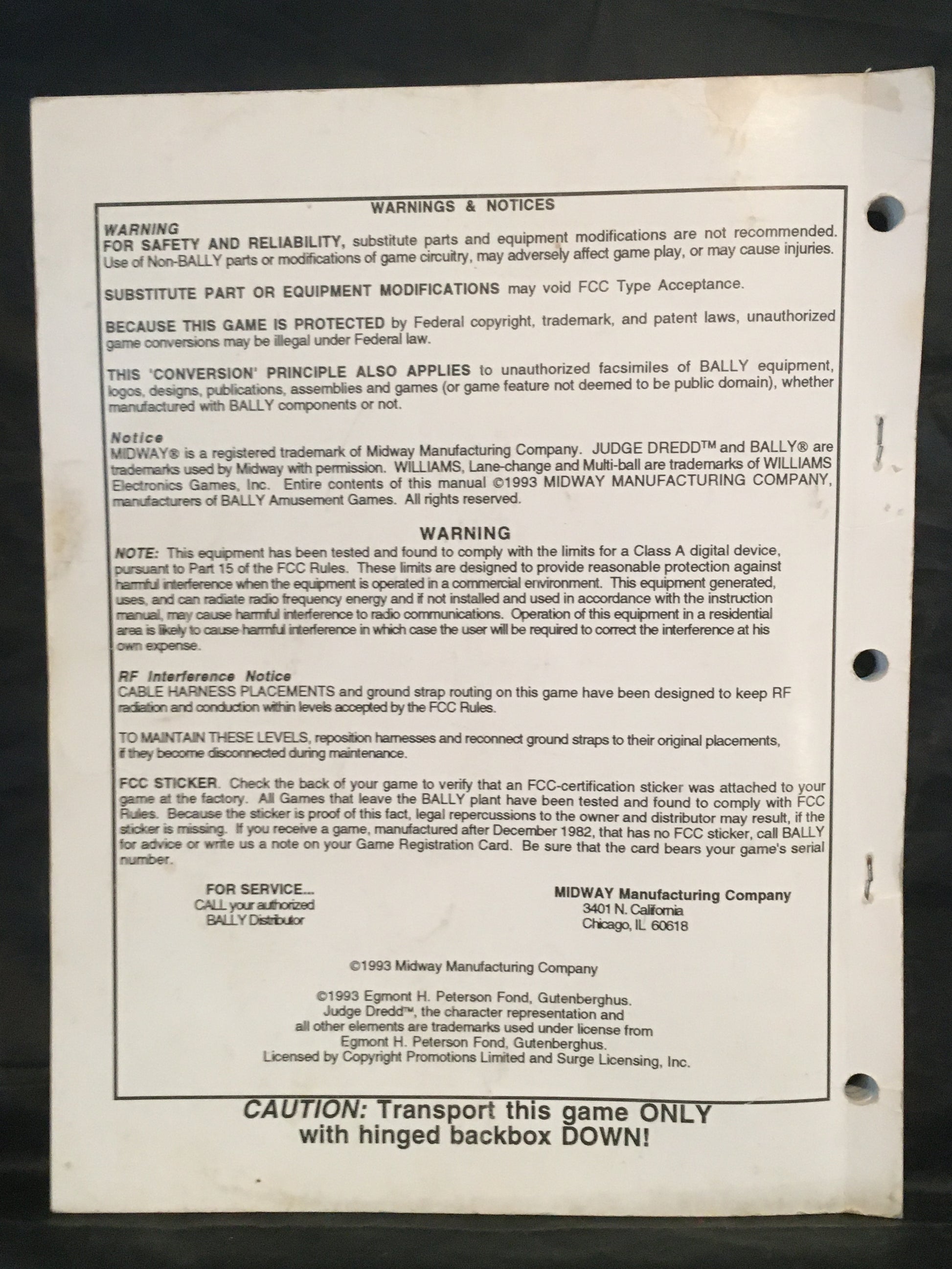 Judge Dredd - Bally - Pinball Operations Manual  - Diagrams - Instructions - Used Copy