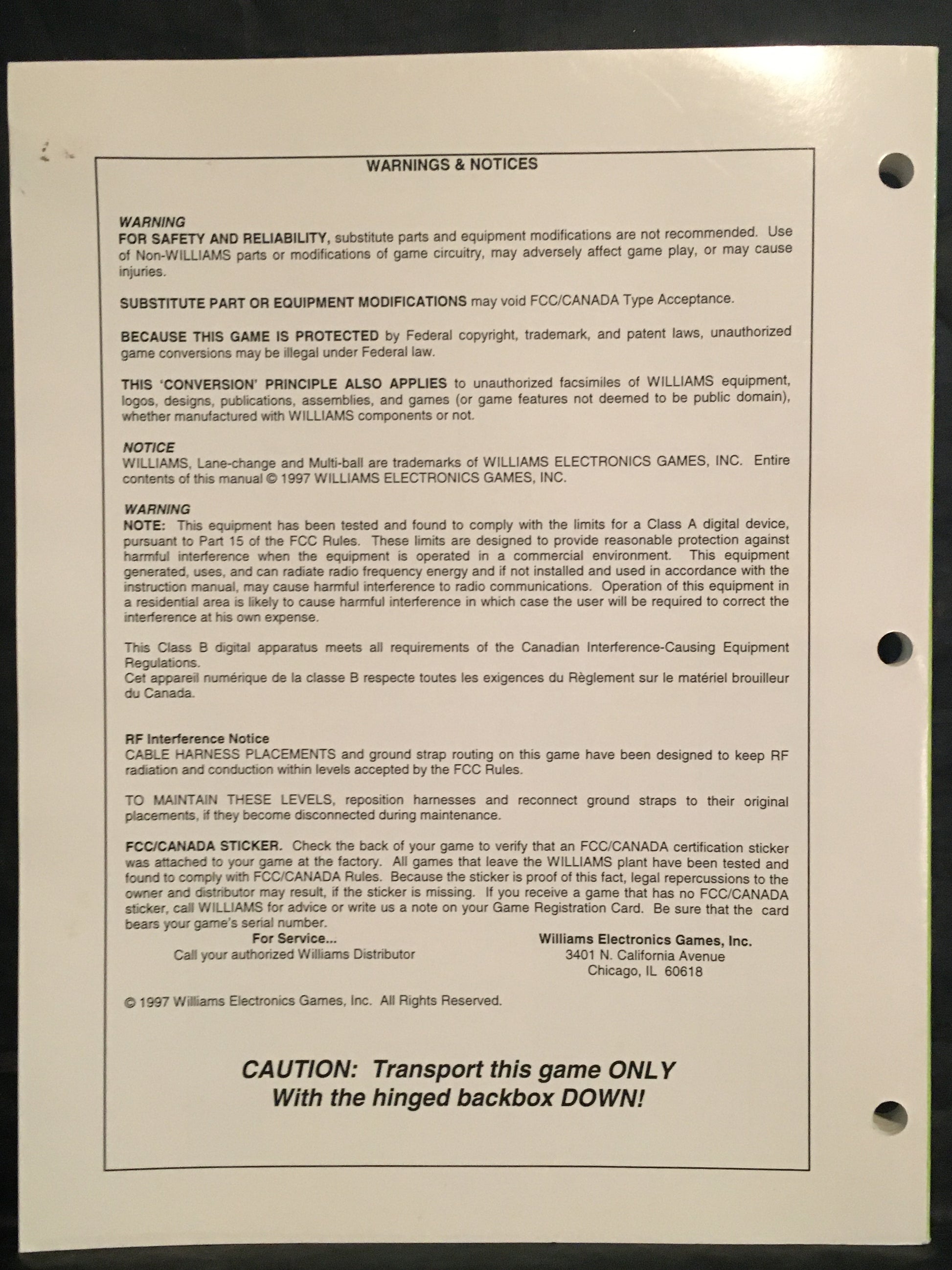 Cirqus Voltaire - Bally - Pinball Operations Manual - Wiring Diagrams - Instructions - Used Copy