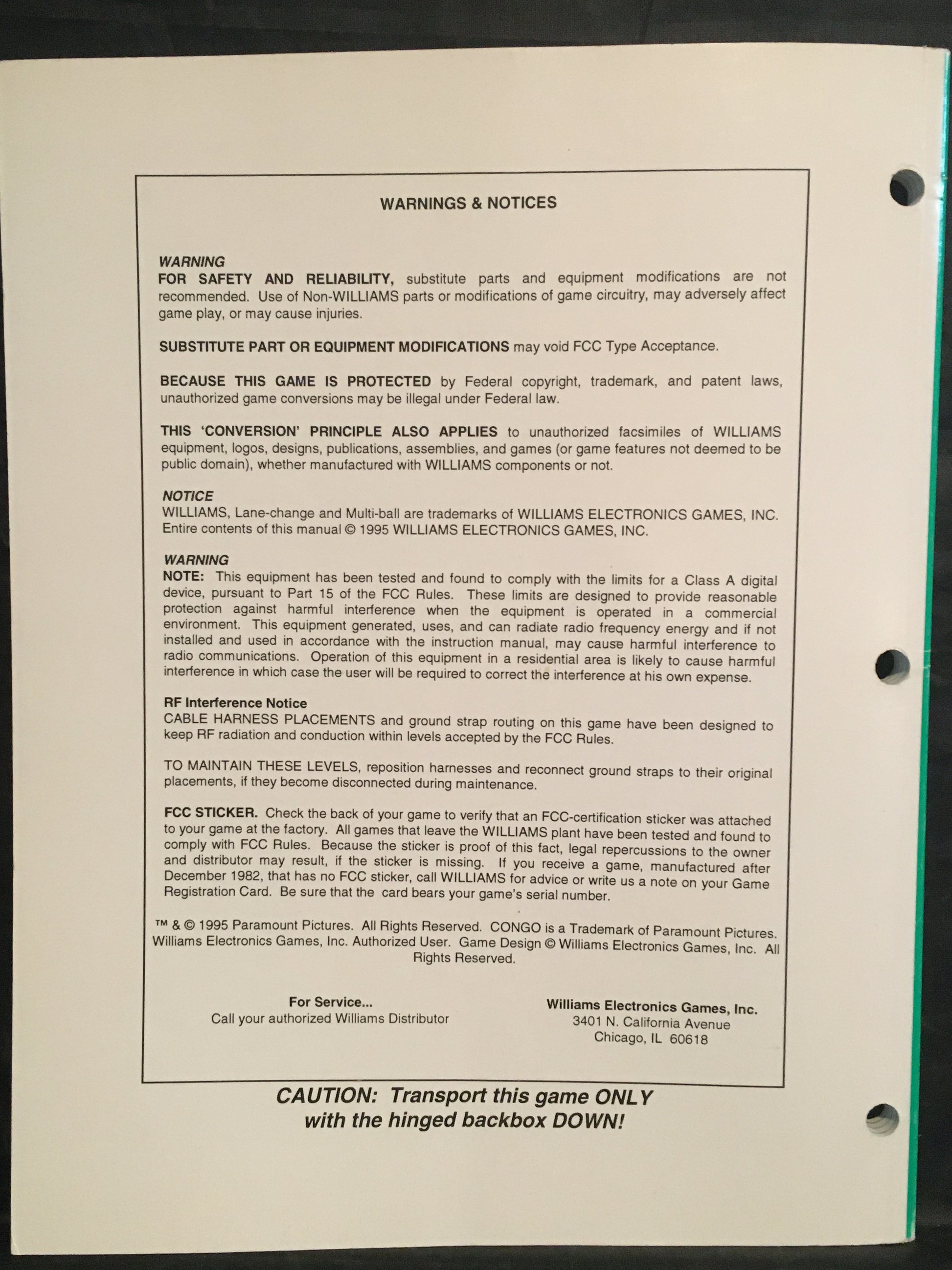 Congo: The Movie - Williams - Pinball Operations Manual  - Instructions Diagrams