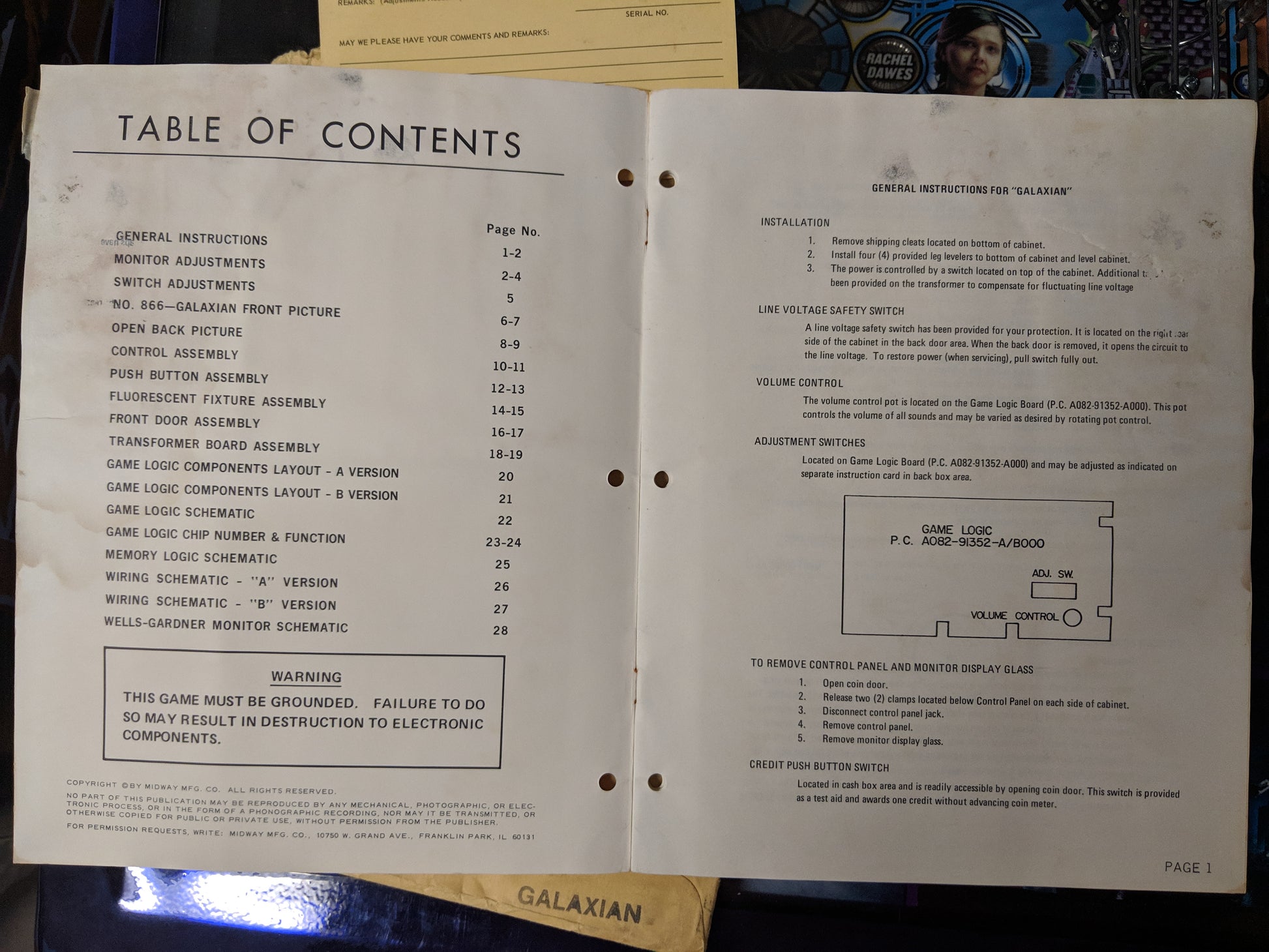 Galaxian- Midway - Manual - Schematics - Instructions - Used Copy
