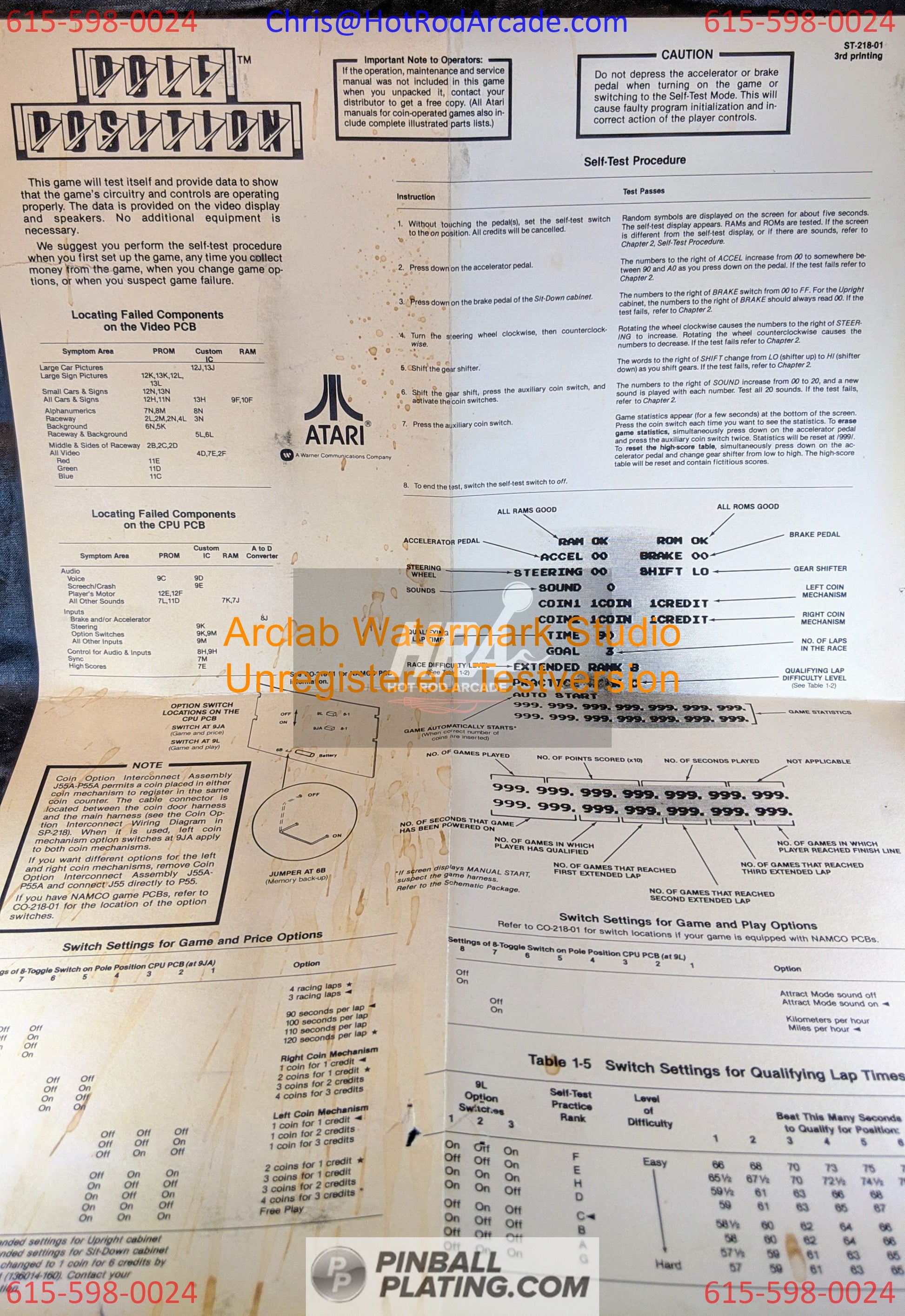 Pole Position - Atari - Arcade Manual - Schematics - Instructions - Used Copy