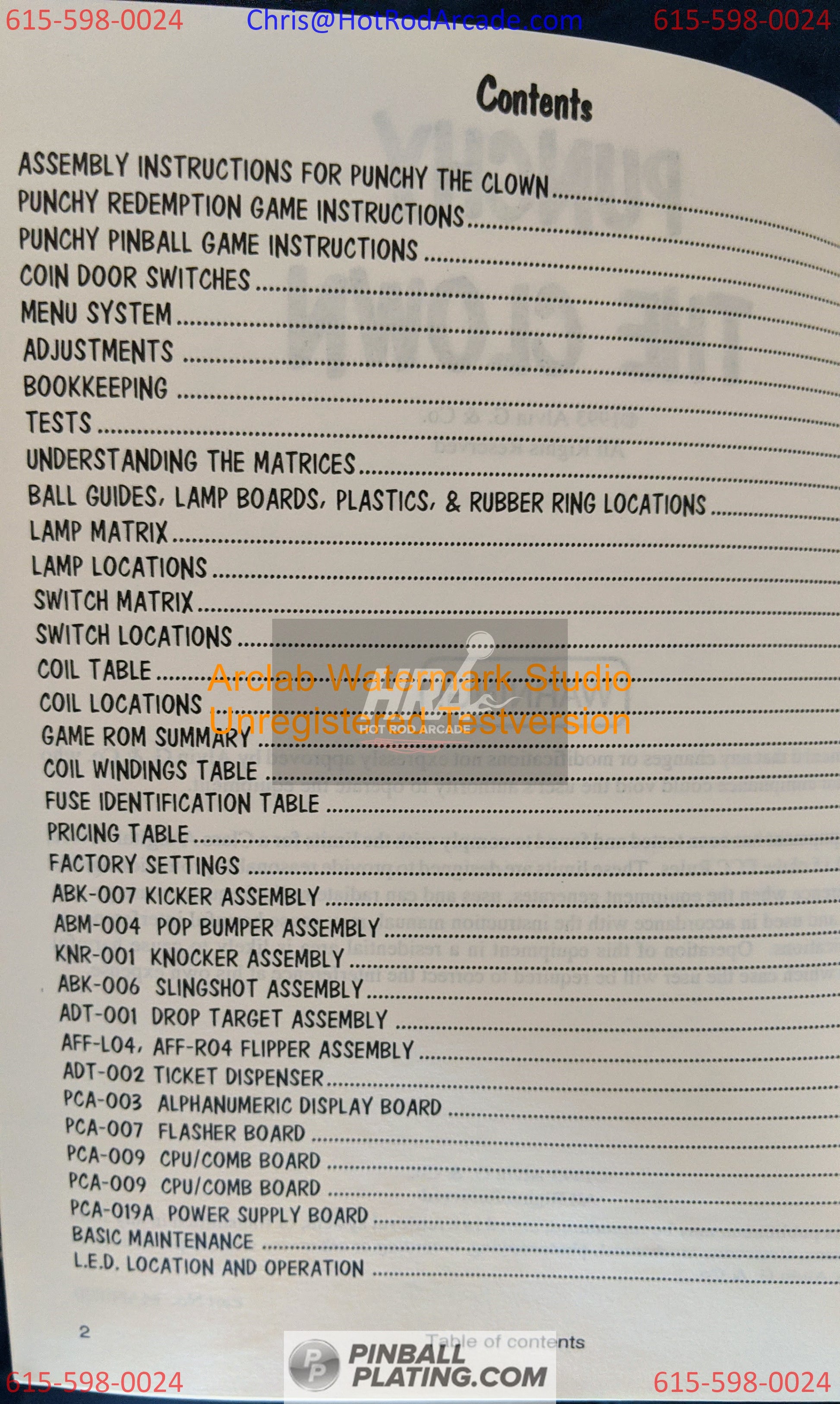Punchy the Clown - Pinball Manual -  Schematics - Instructions - Used Copy