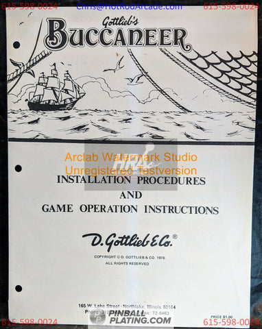 Buccaneer - Gottlieb - Pinball Operations Manual - Instructions - Used Copy