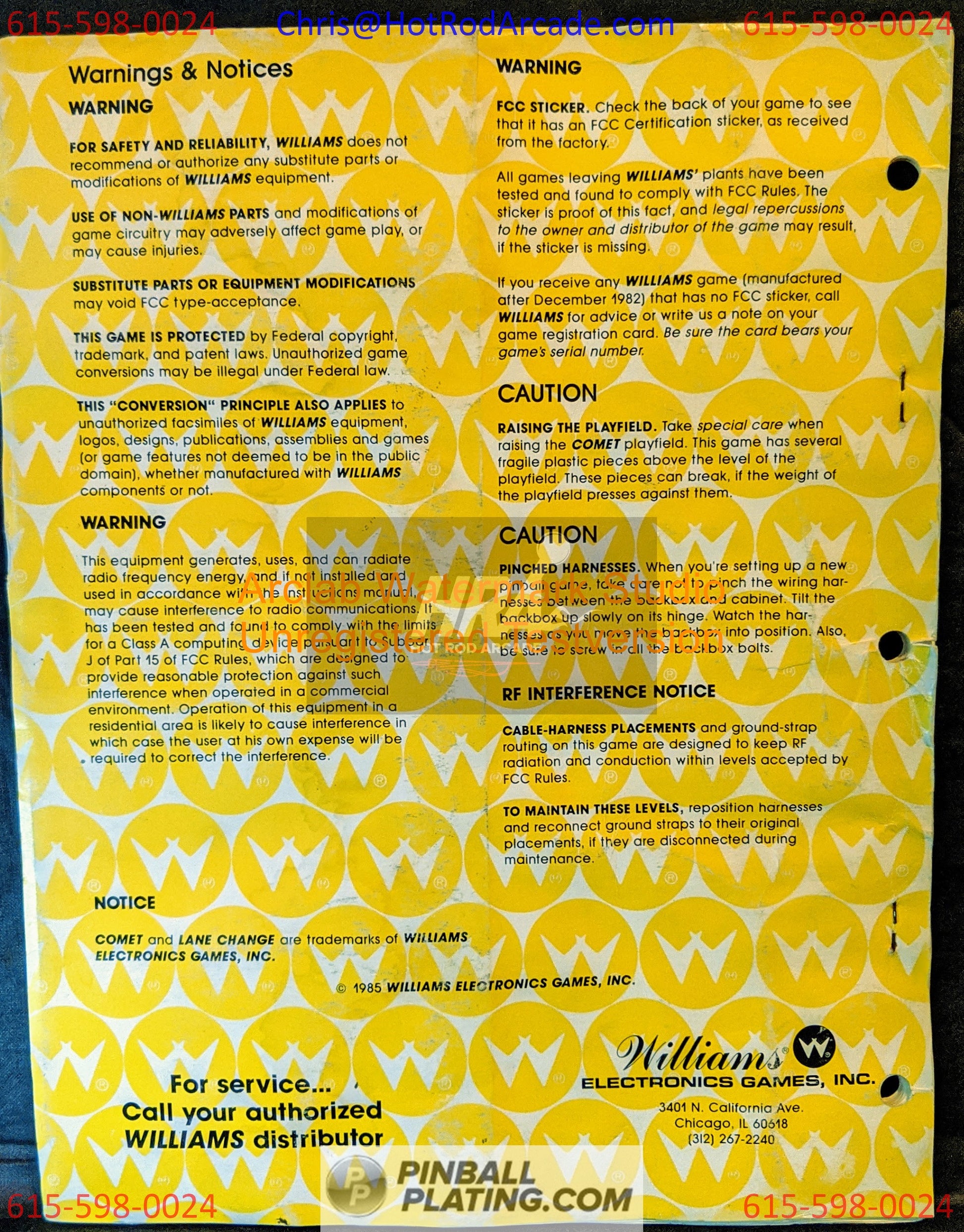 Comet - Williams - Pinball Manual - Schematics - Instructions - Used Copy