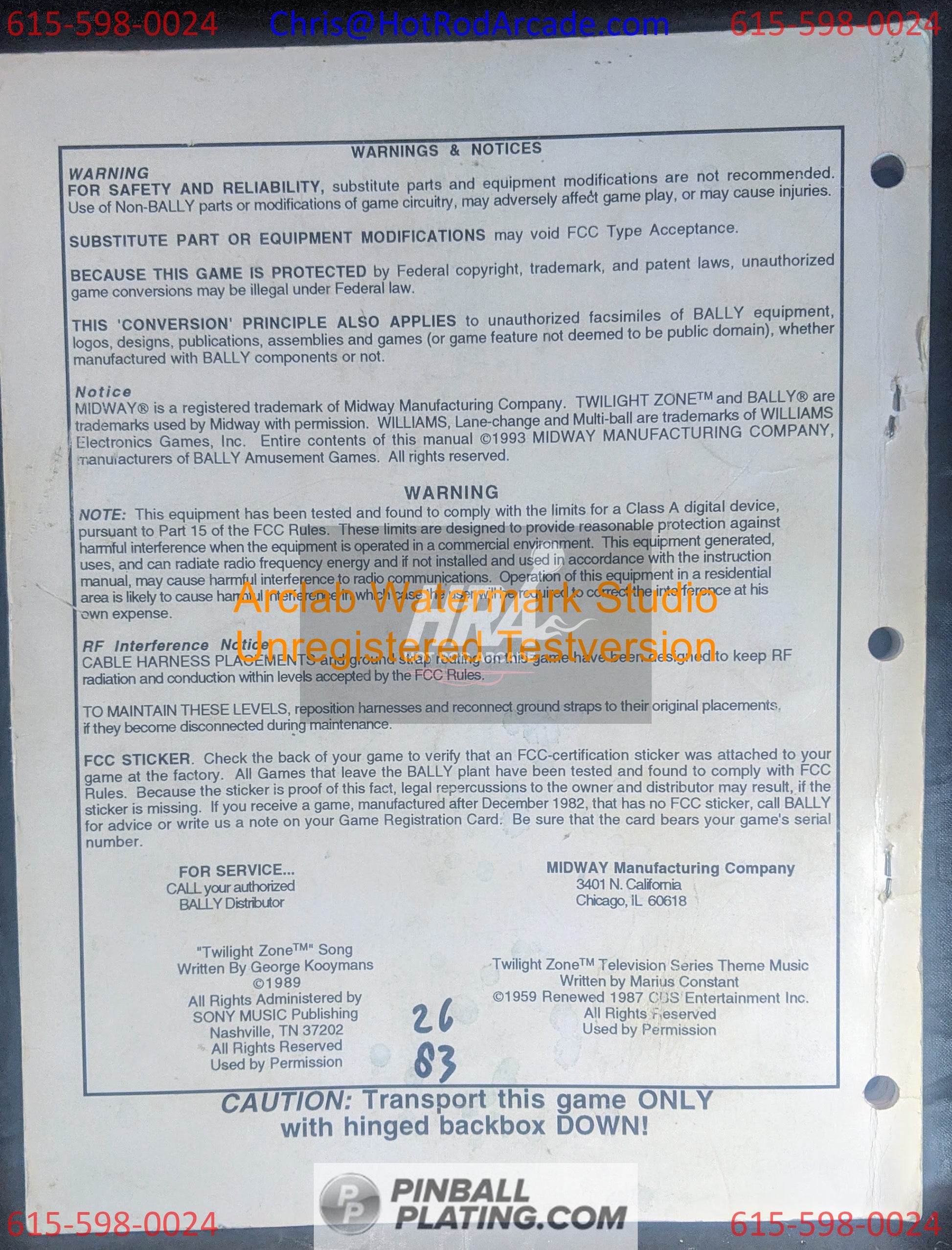 Twilight Zone  - Bally - Pinball Operations Manual - Reference Wiring - Instructions -Used Copy