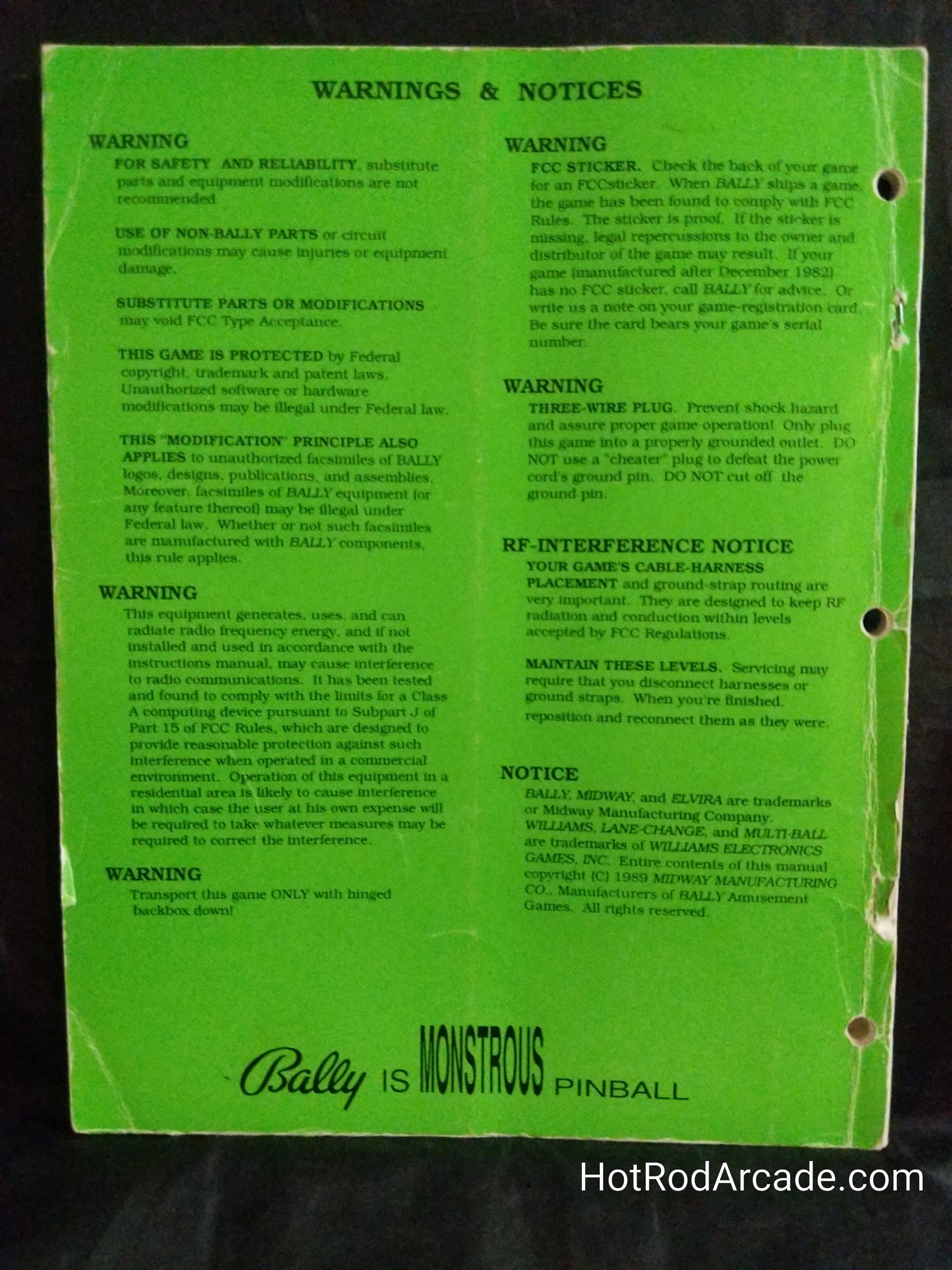 Elvira and the Party Monsters- Bally - Pinball Manual  - Schematics - Instructions - Book - Used Copy