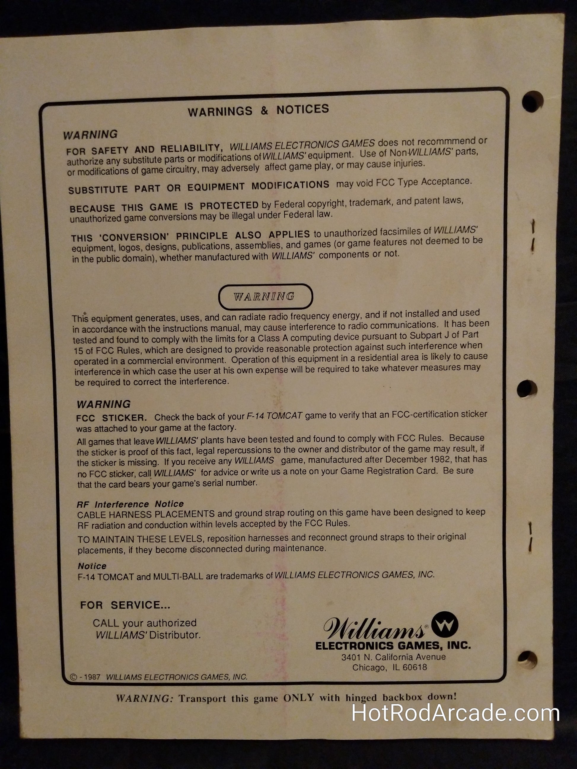 F-14 Tomcat (Copy #2) - Williams - Pinball Manual - Schematics - Instructions - Used Copy