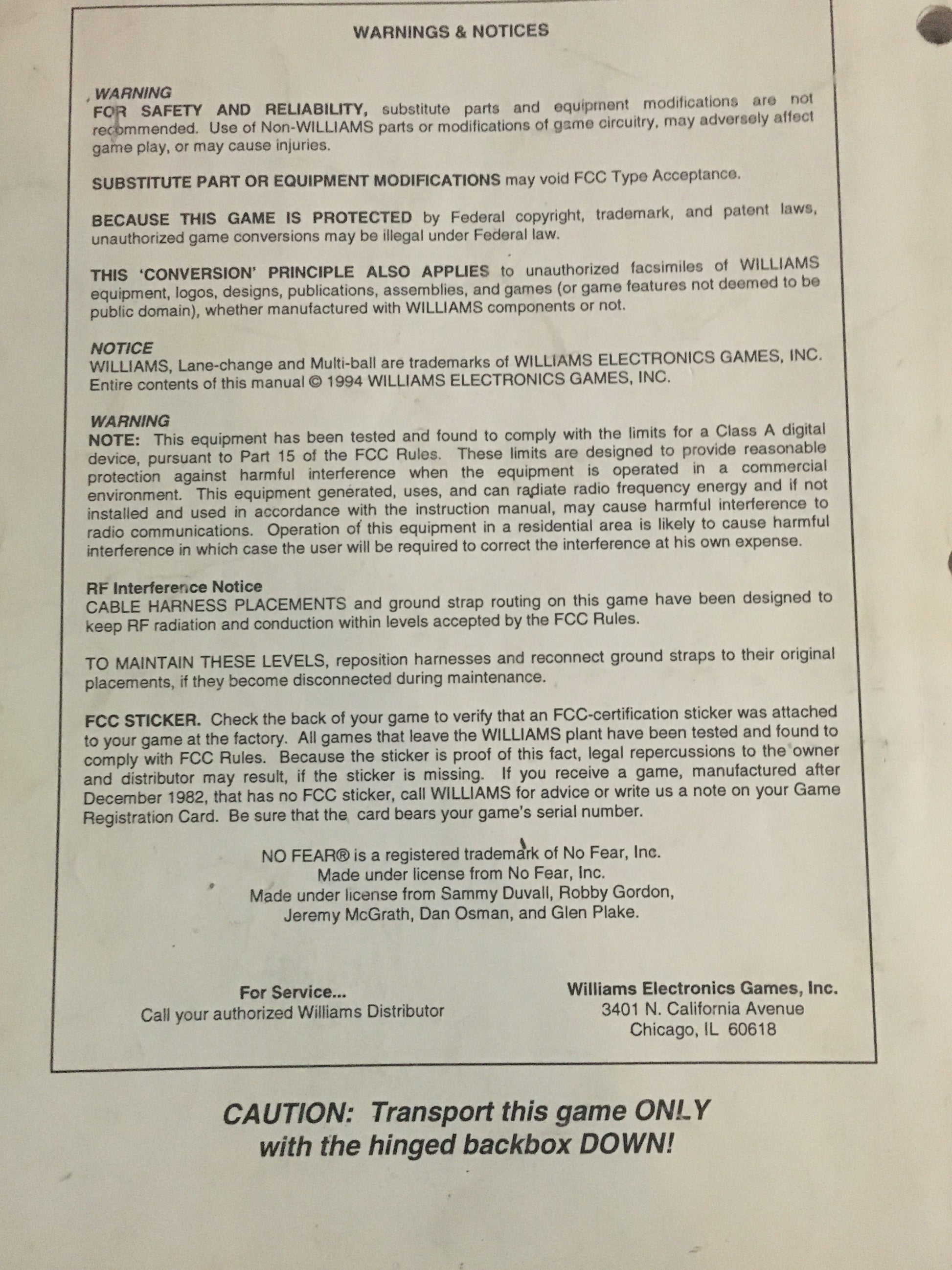 No Fear - Williams- Operations Pinball Manual- Instructions - Used