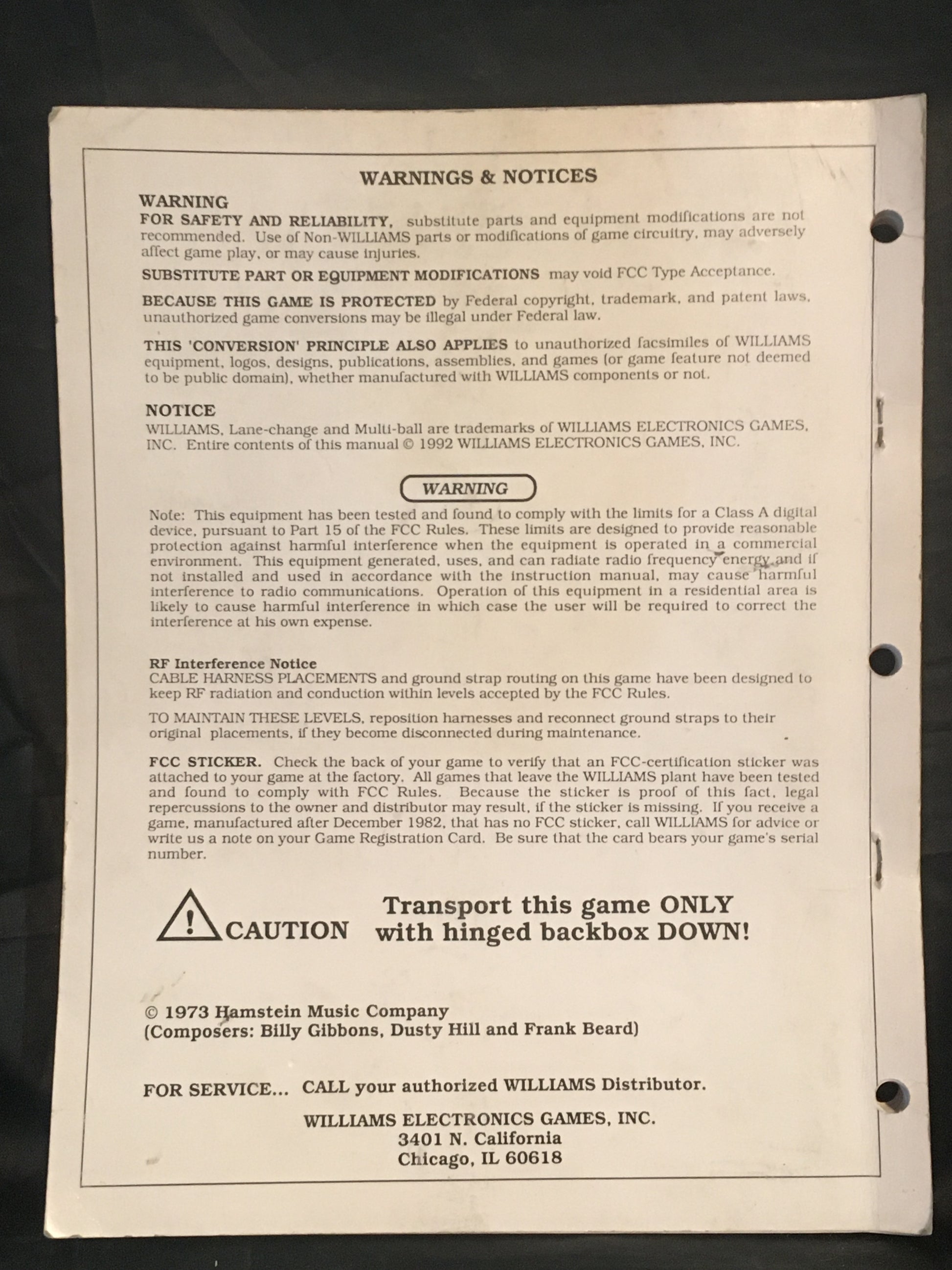 The Getaway: High Speed 2 - Williams - Pinball Operations Manual  - Wiring Diagrams- Instructions - Used Copy